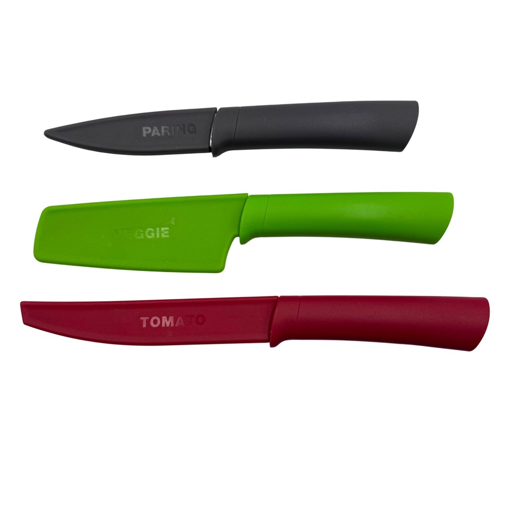 Prep Solutions 3 Piece Kitchen Knife Set Paring Veggie Tomato‎ Red Green Gray